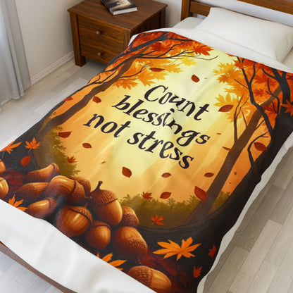 Autumn blanket with “Count Blessings, Not Stress,” gratitude-inspired mindfulness design for Thanksgiving.