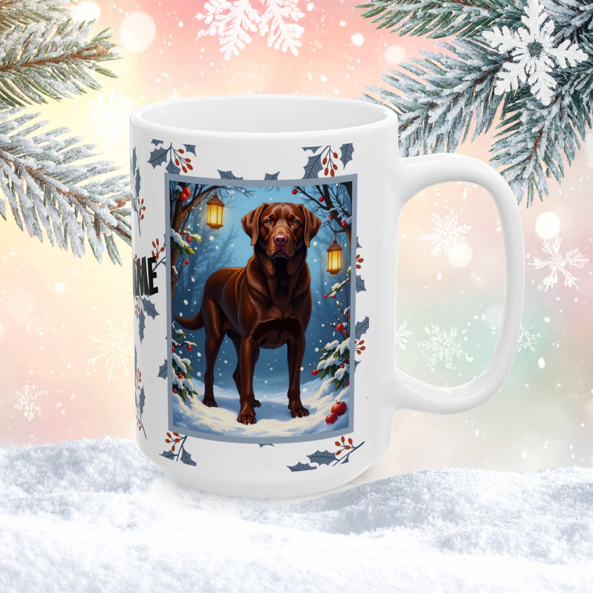 Labrador Retriever (Chocolate) Winter Mug - chocolate lab illustrated standing in a cozy winter setting with snowy details