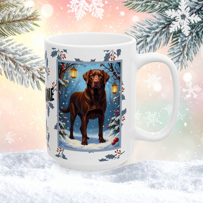 Labrador Retriever (Chocolate) Winter Mug - chocolate lab illustrated standing in a cozy winter setting with snowy details
