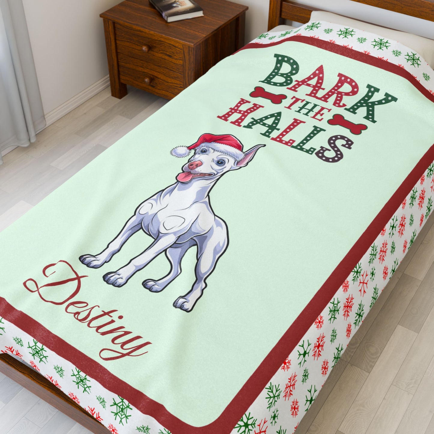 Doberman Pinscher (White) Velveteen Blanket - cozy Bark The Halls Christmas dog throw, personalized gift