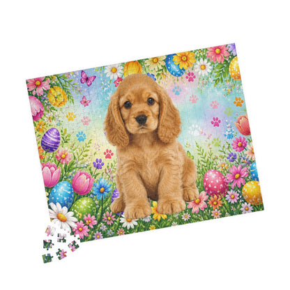 American Cocker Spaniel (Golden) Easter Puppy Puzzle - Spring Garden with Eggs, Tulips, and Daisies