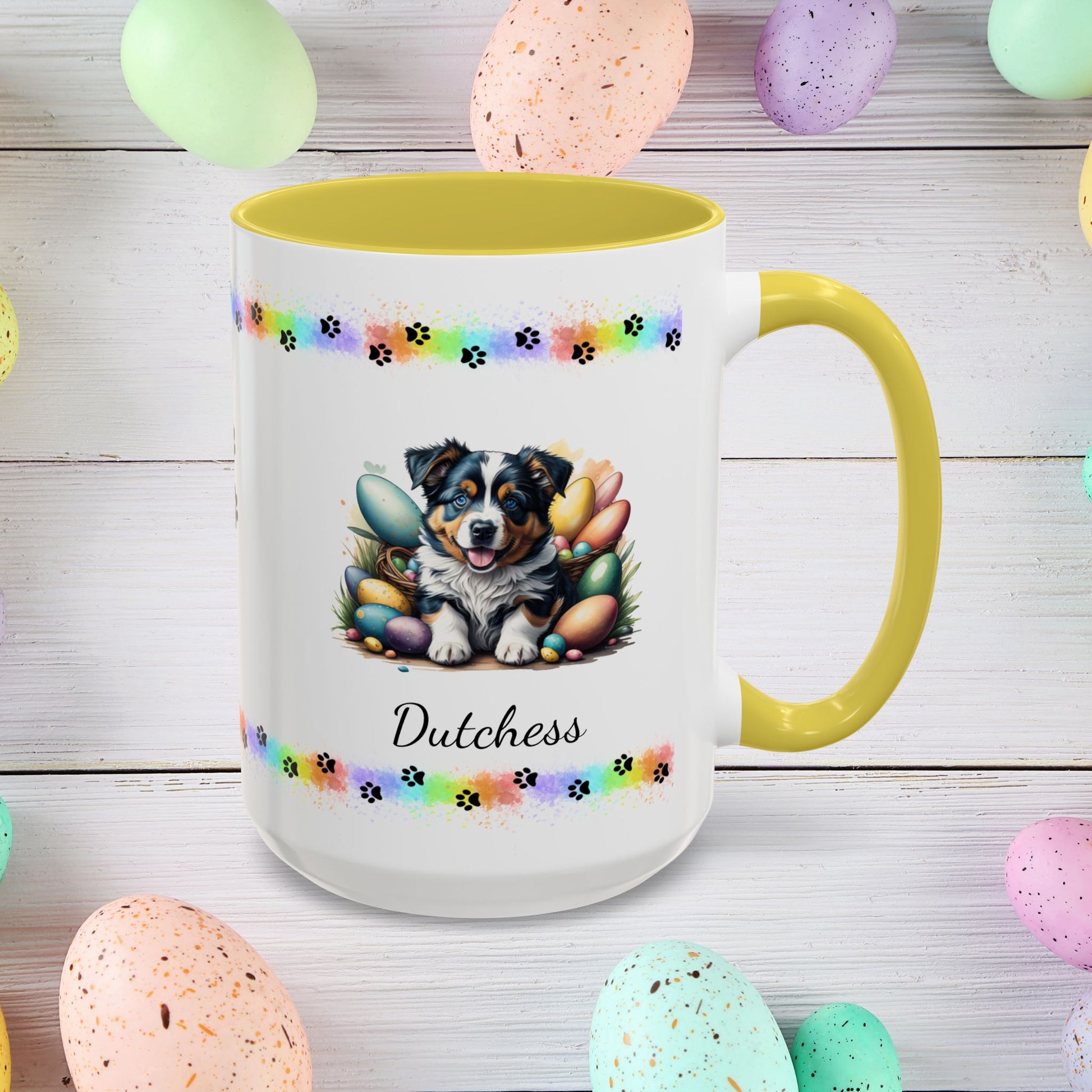 Australian Shepherd: Personalized Easter Puppy Coffee Mug - Adorable Dog Design, Mental Health Gift, 11oz & 15oz, 12 Color Choices, Easter Gifts & Décor