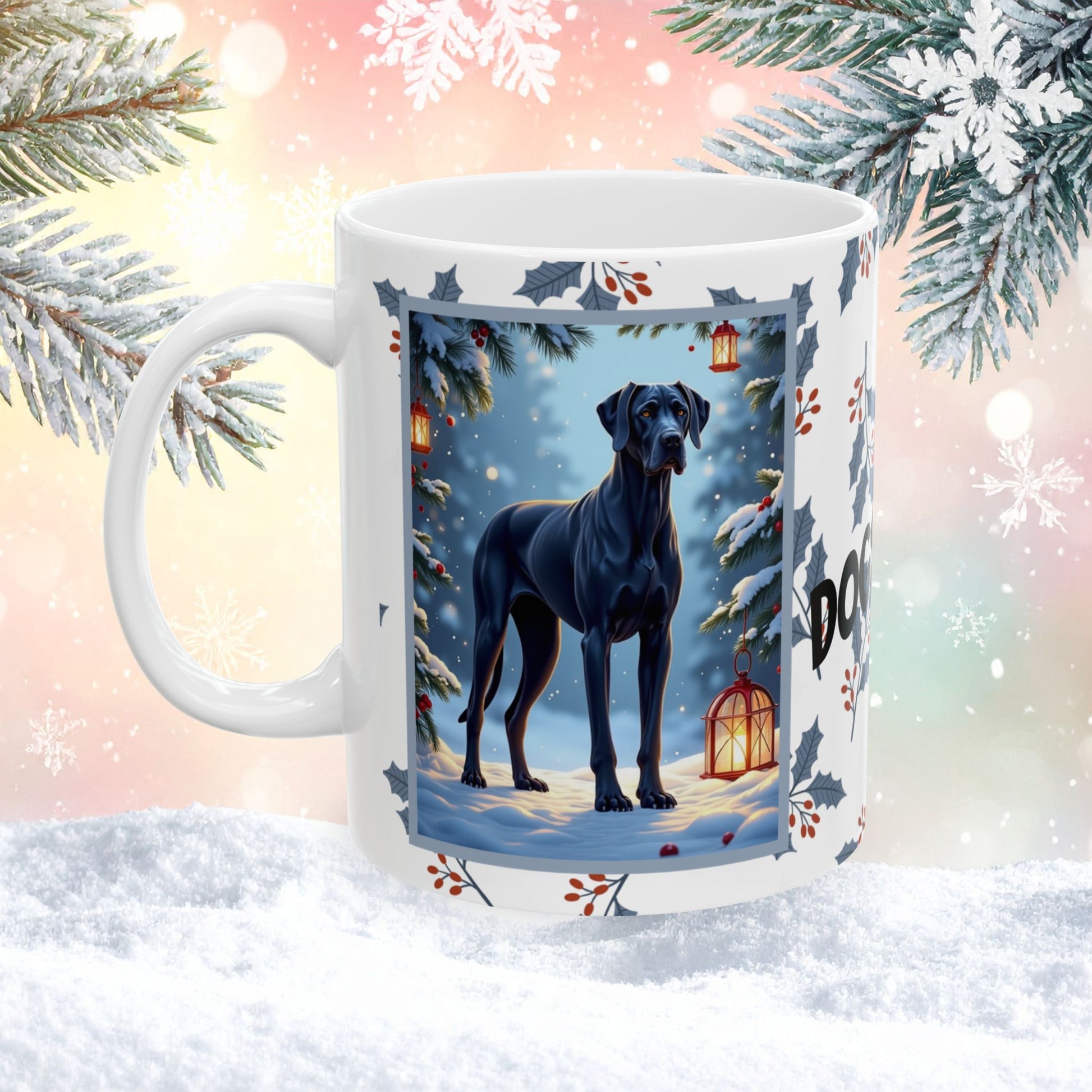 Great Dane (Blue) Winter Mug - blue Great Dane artwork standing calmly in a cozy winter scene with pine accents