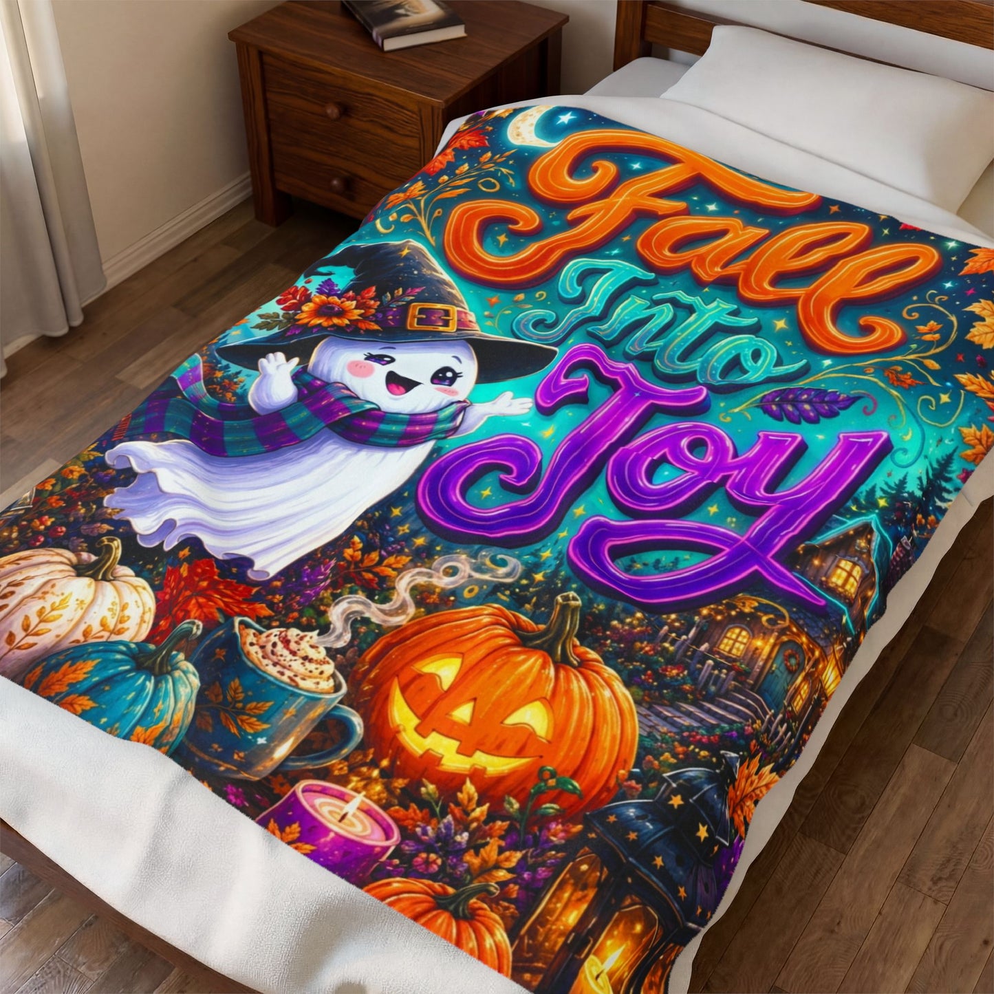 Fall Into Joy Velveteen Blanket - Ghost with Arms Raised in Delight with Pumpkins and Cozy Cottage