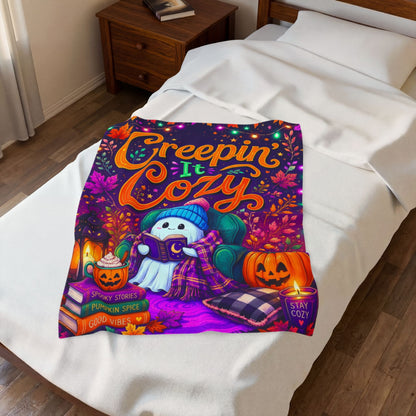 Creepin It Cozy Velveteen Blanket - Ghost Reading in Armchair with Pumpkin Spice and Stay Cozy Candle