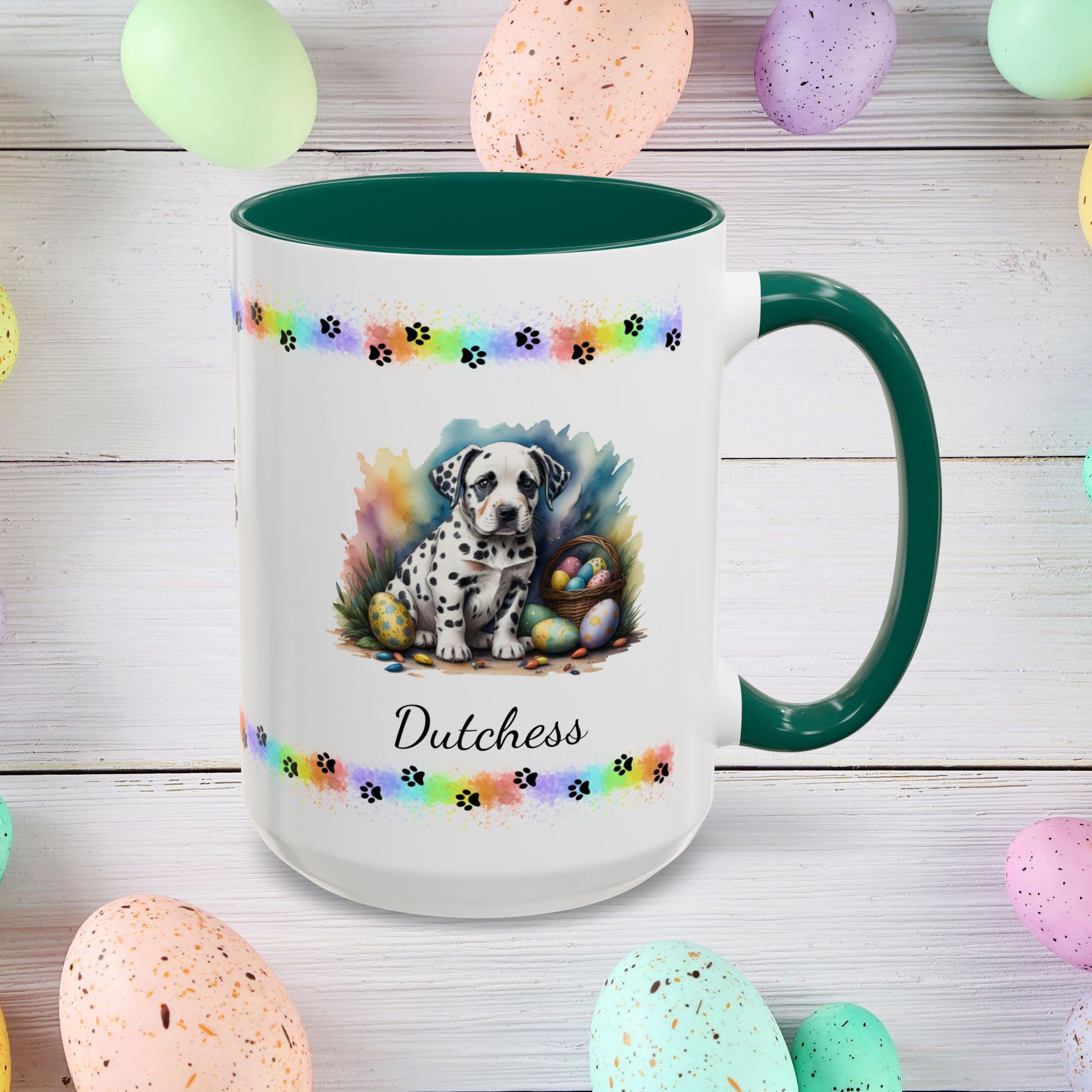 Dalmatian: Personalized Easter Puppy Coffee Mug - Adorable Dog Design, Mental Health Gift, 11oz & 15oz, 12 Color Choices, Easter Gifts & Décor