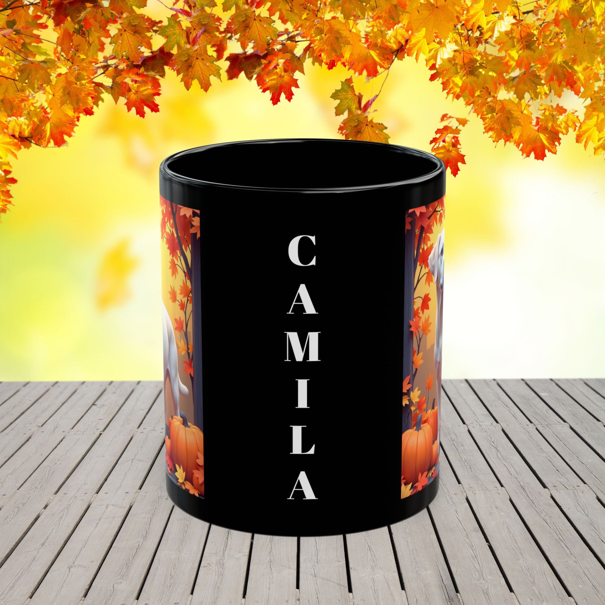 White Labrador autumn mug, personalized coffee cup, custom dog lover fall drinkware - MySisterIsASurvivor