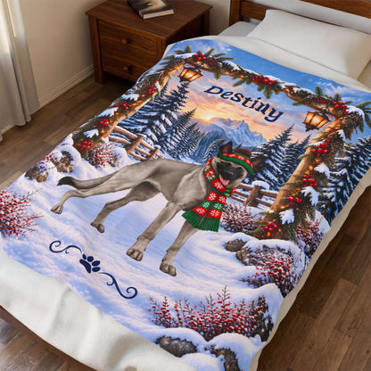 Belgian Malinois (Gray Coat) - Personalized Snowy Mountain Throw, Custom Dog Name Winter Blanket