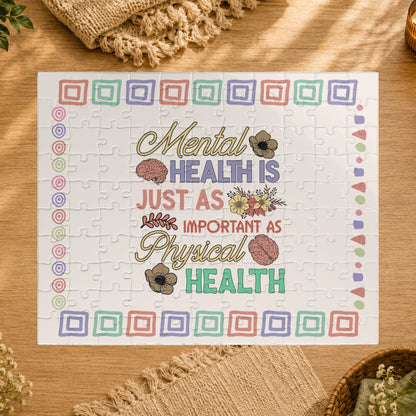 Jigsaw puzzle with motivational quote on mental health and physical health, colorful border
