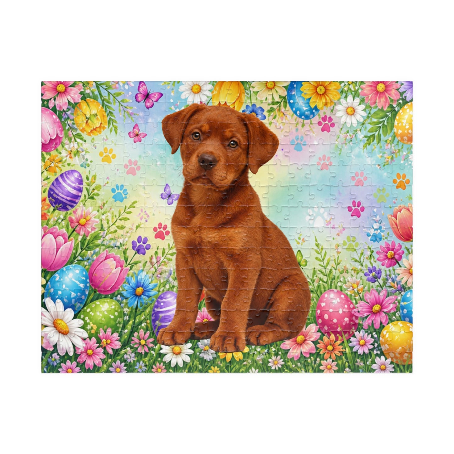 Rottweiler (Red) Easter Puppy Puzzle - Spring Garden with Eggs, Wildflowers, and Butterflies
