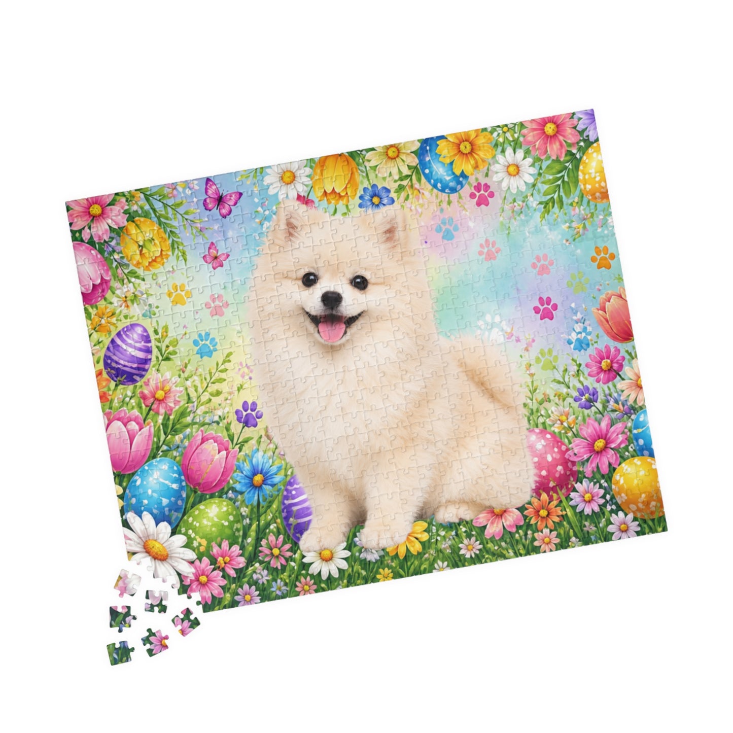 Pomeranian (Cream) Easter Puppy Puzzle - Spring Garden with Eggs, Tulips, and Daisies