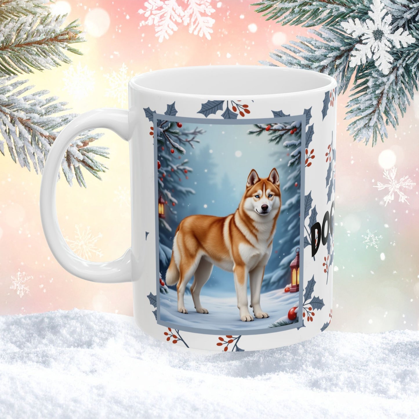 Husky (Sable & White) Winter Mug - sable and white husky illustrated standing in a winter scene with frosted trees