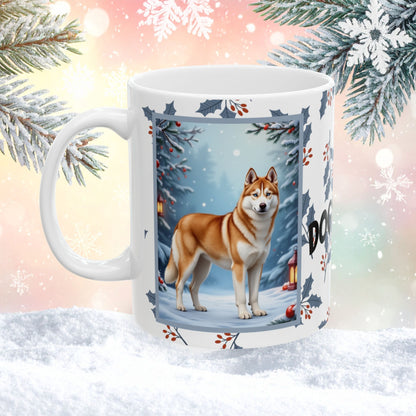 Husky (Sable & White) Winter Mug - sable and white husky illustrated standing in a winter scene with frosted trees