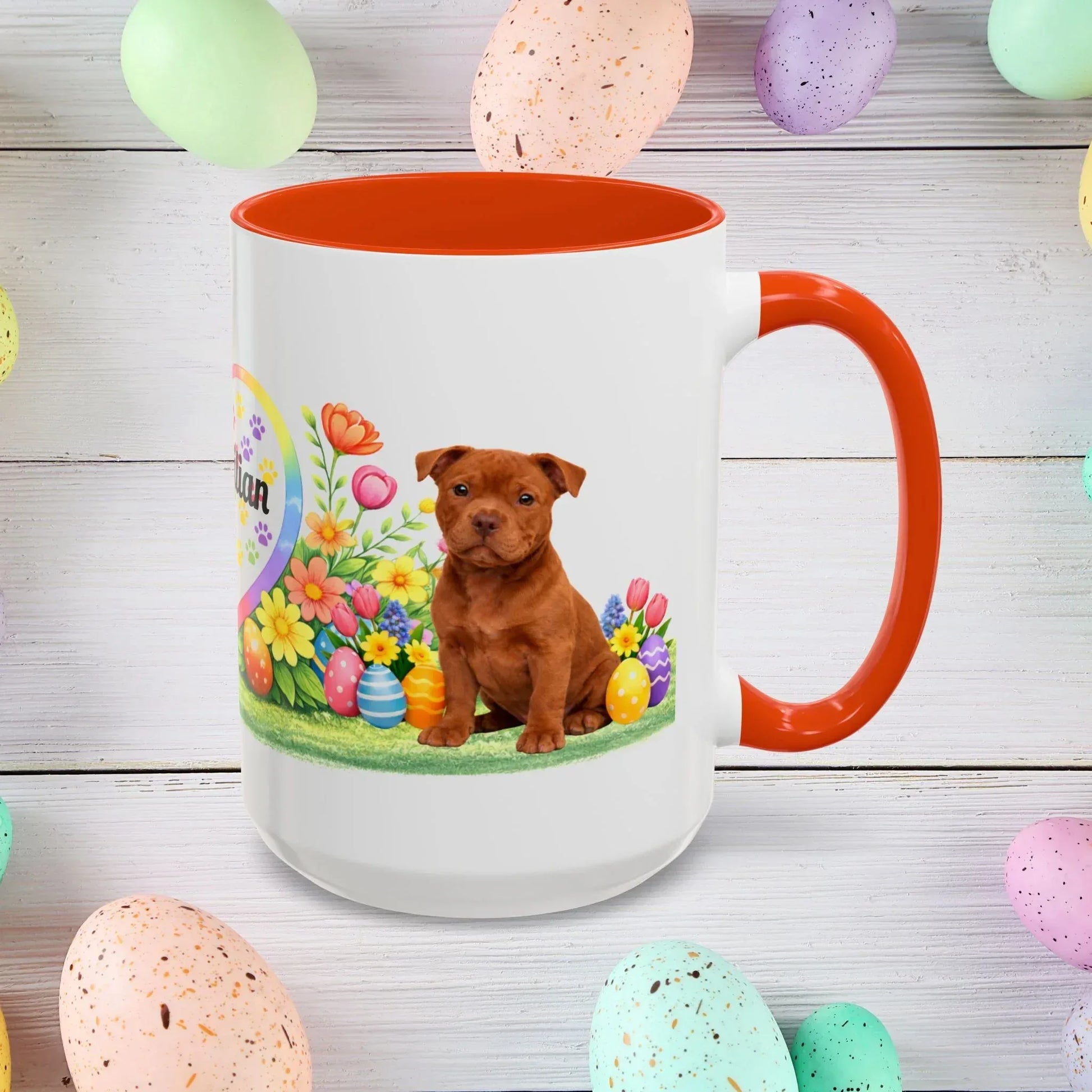 Shop our pitbull red puppy easter mug featuring the 15oz style option from MySisterIsASurvivor.
