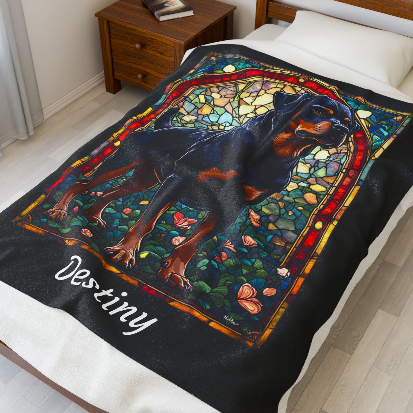 Rottweiler Black & Mahogany Coat Blanket, Velveteen Plush Stained Glass Dog Throw, Personalized Gift