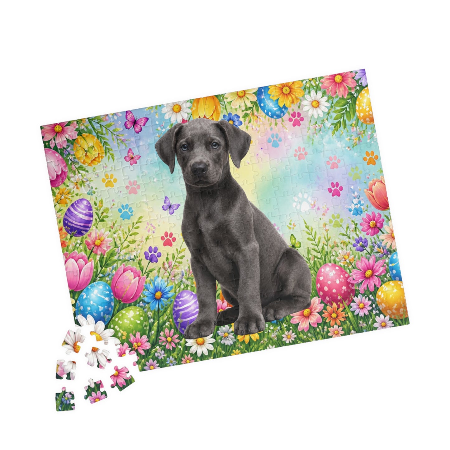 Doberman (Blue) Easter Puppy Puzzle - Colorful Spring Garden with Eggs and Blooms