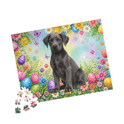 Doberman (Blue) Easter Puppy Puzzle - Colorful Spring Garden with Eggs and Blooms