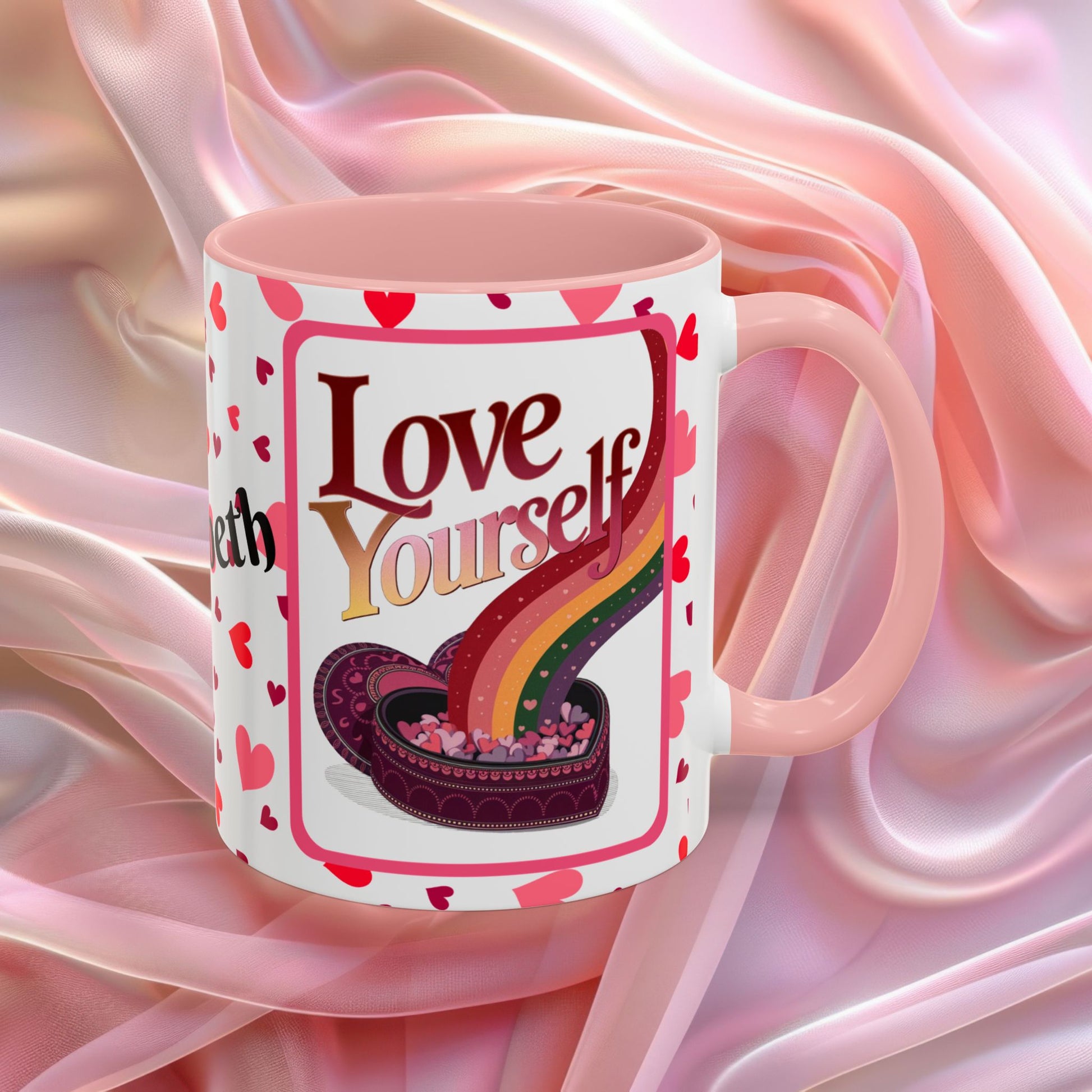 Love Yourself Valentines mug featuring self love message, Valentine themed ceramic coffee cup