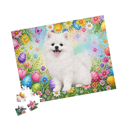 Pomeranian (White) Easter Puppy Puzzle - Spring Garden with Eggs, Tulips, and Daisies