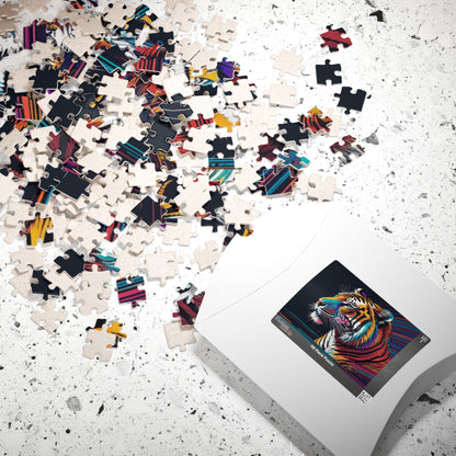 Jigsaw puzzle with colorful tiger design on a partially completed puzzle and box on a speckled surface.
