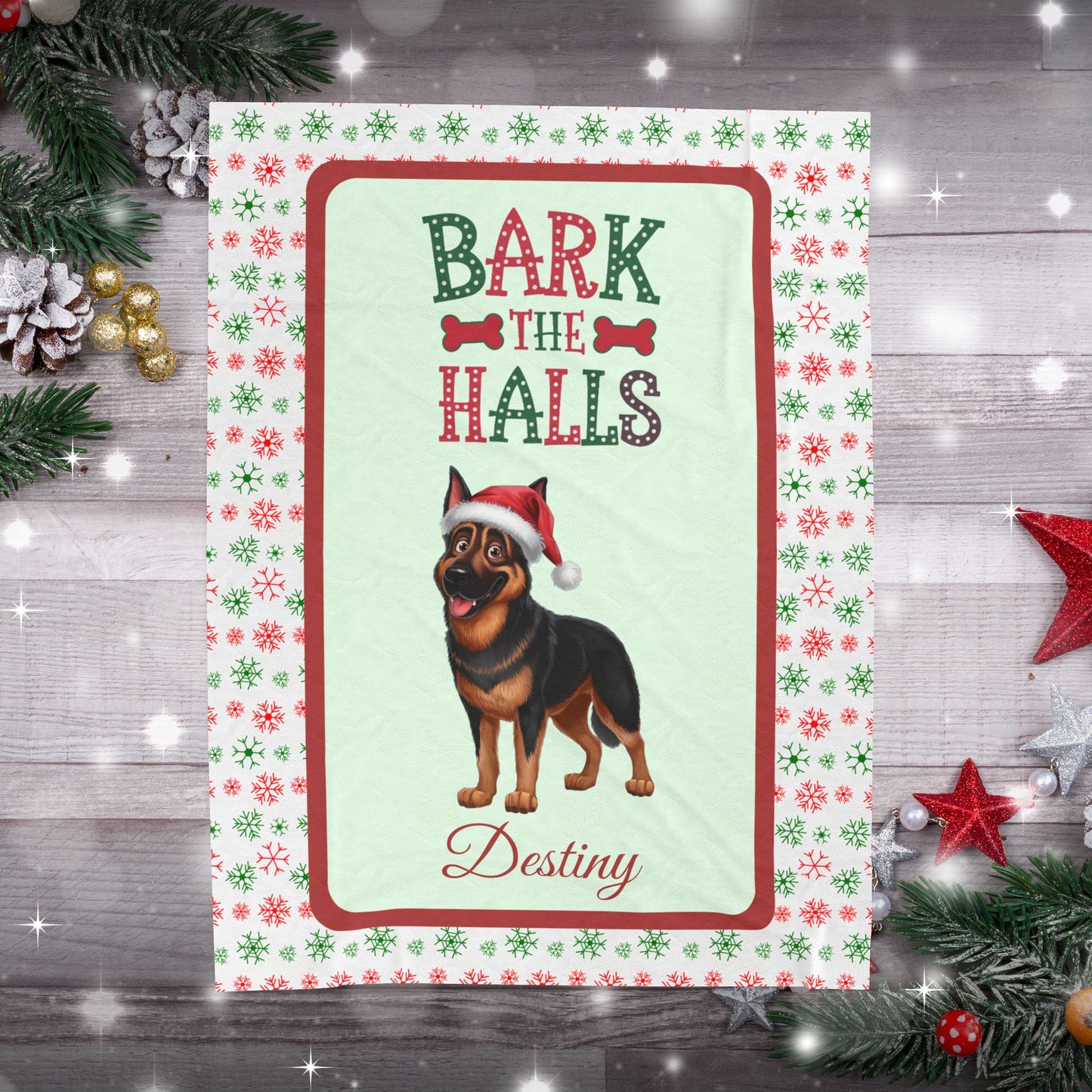 German Shepherd (Black & Rust) Plush Velveteen Blanket - Festive Bark The Halls dog throw, custom gift