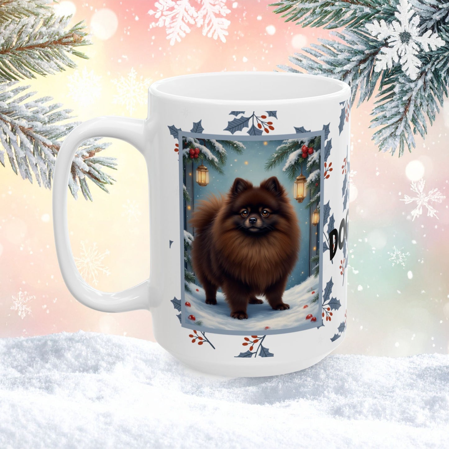 Pomeranian (Chocolate) Winter Mug - chocolate pomeranian illustrated standing in a snowy winter scene