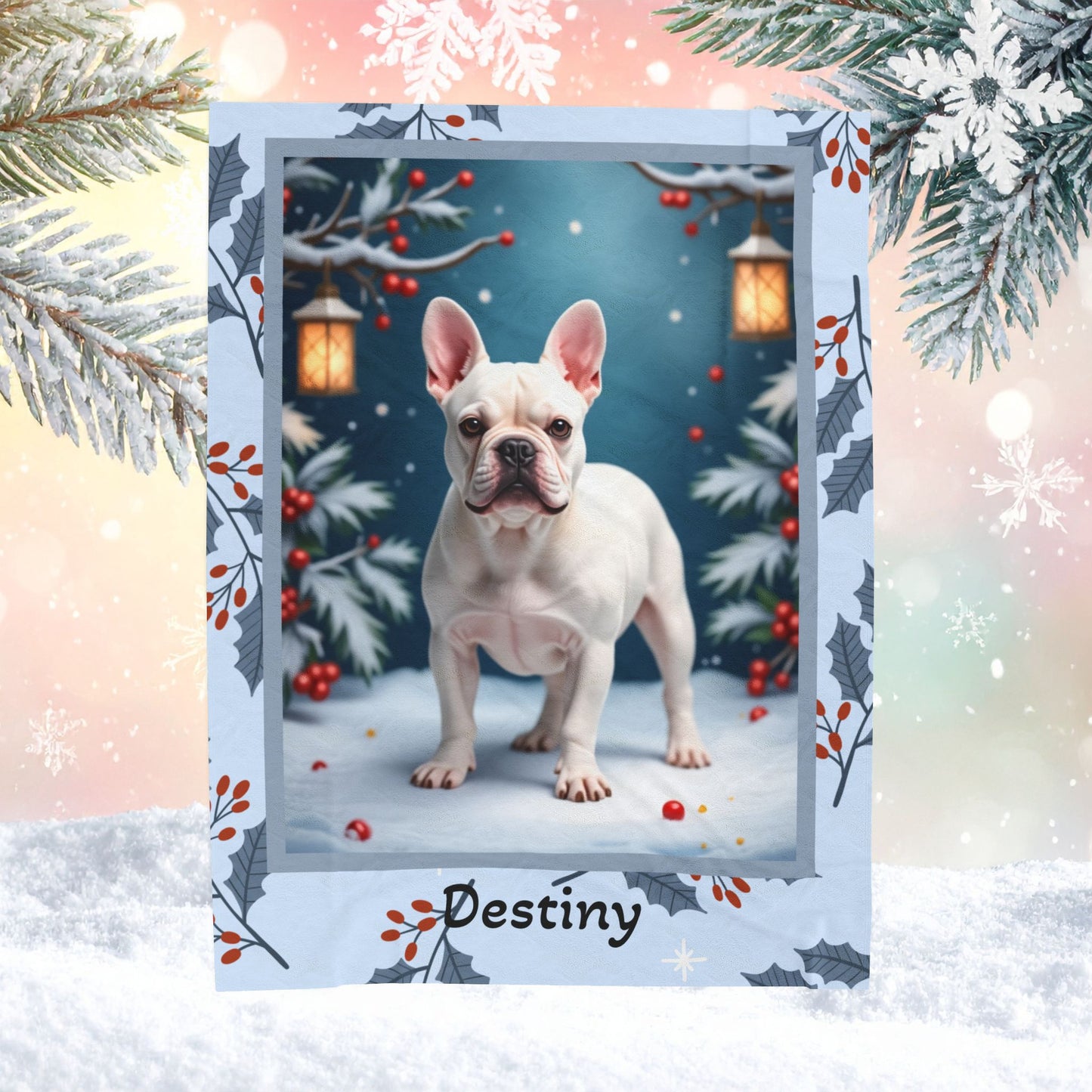 French Bulldog White custom winter blanket featuring a Frenchie in a bright lodge-style winter illustration