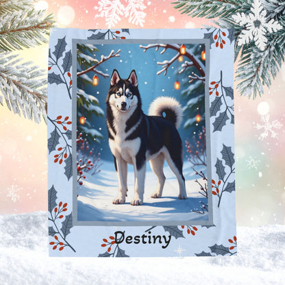 Husky Black and White personalized winter throw with striking Husky artwork and glowing snowy lodge background