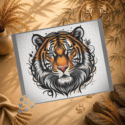 Tiger Spirit - Tattoo-Style Tiger Puzzle with Ornamental Flourishes on White