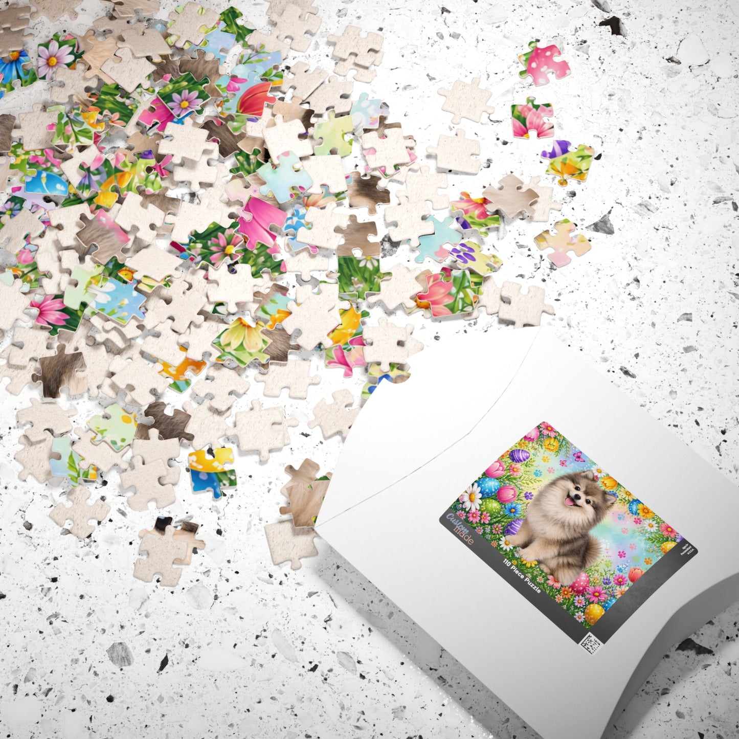 Pomeranian (Wolf Sable) Easter Puppy Puzzle - Spring Garden with Eggs, Tulips, and Butterflies