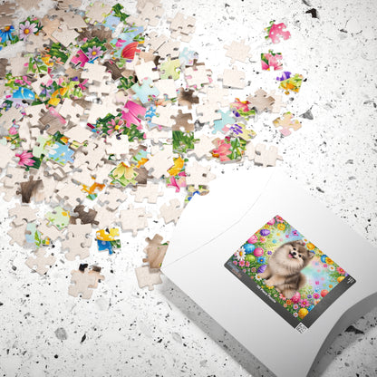 Pomeranian (Wolf Sable) Easter Puppy Puzzle - Spring Garden with Eggs, Tulips, and Butterflies