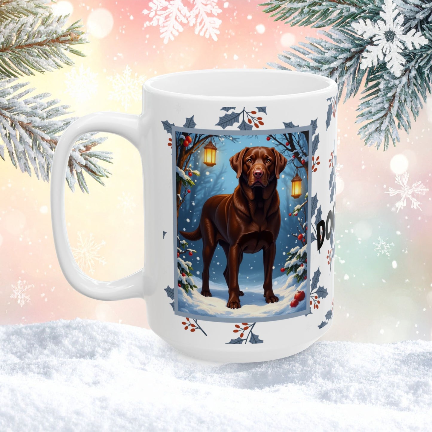 Labrador Retriever (Chocolate) Winter Mug - chocolate lab illustrated standing in a cozy winter setting with snowy details