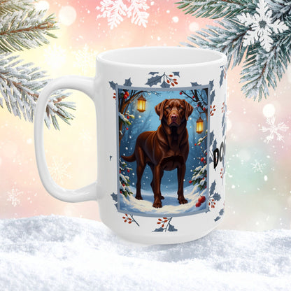 Labrador Retriever (Chocolate) Winter Mug - chocolate lab illustrated standing in a cozy winter setting with snowy details
