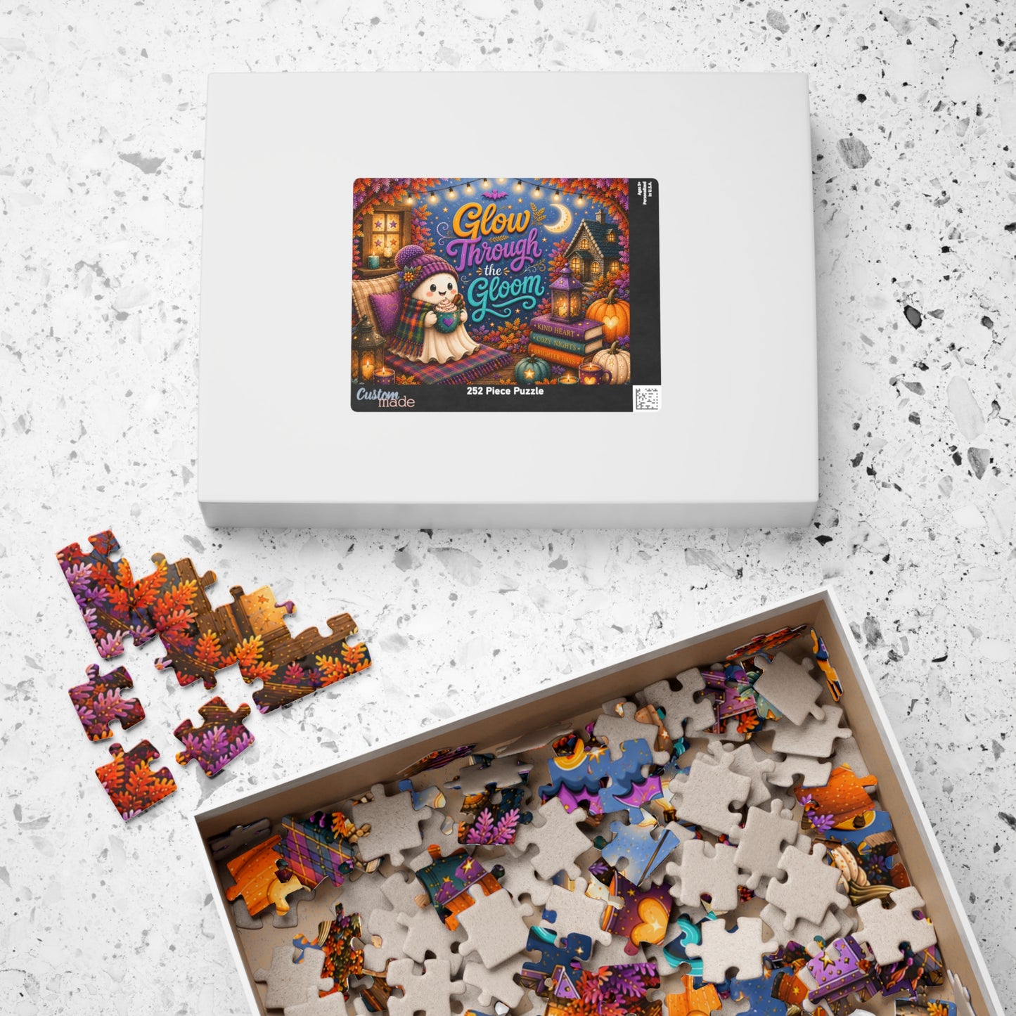 Glow Through the Gloom Halloween Puzzle - Cozy Ghost with Heart Mug, Kind Heart Books, and Cottage