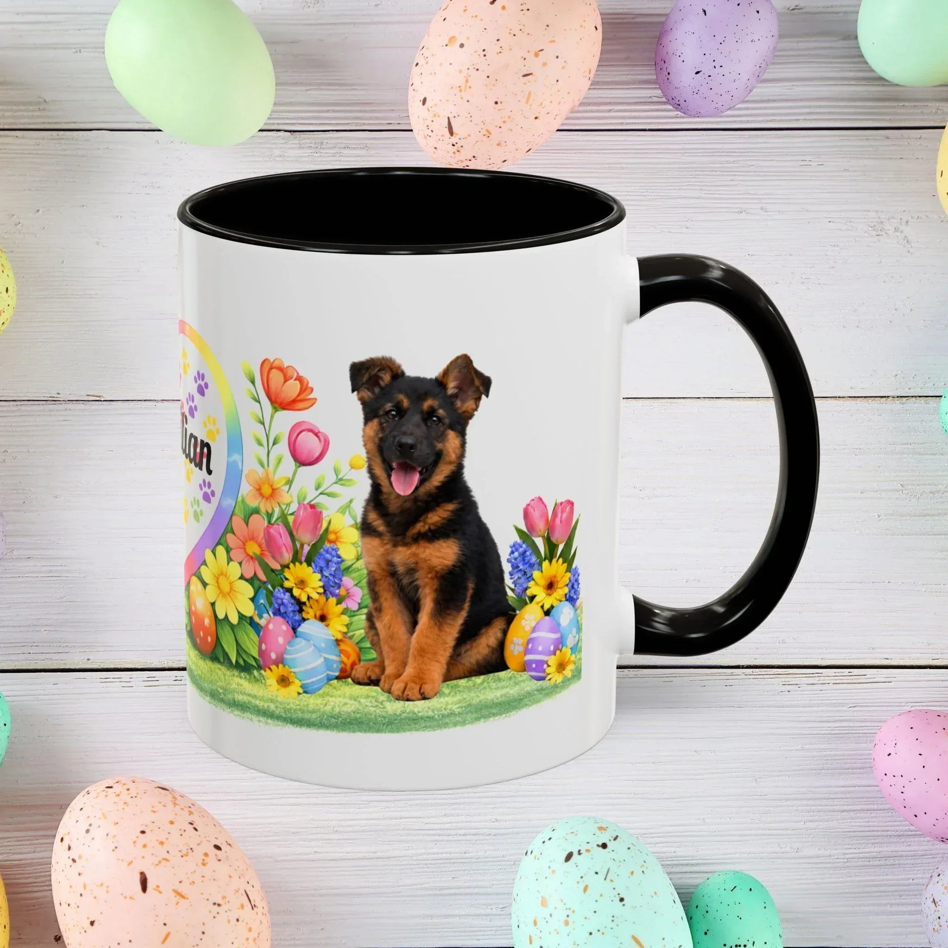 Shop our german shepherd black red puppy easter mug featuring the 11oz style option from MySisterIsASurvivor.