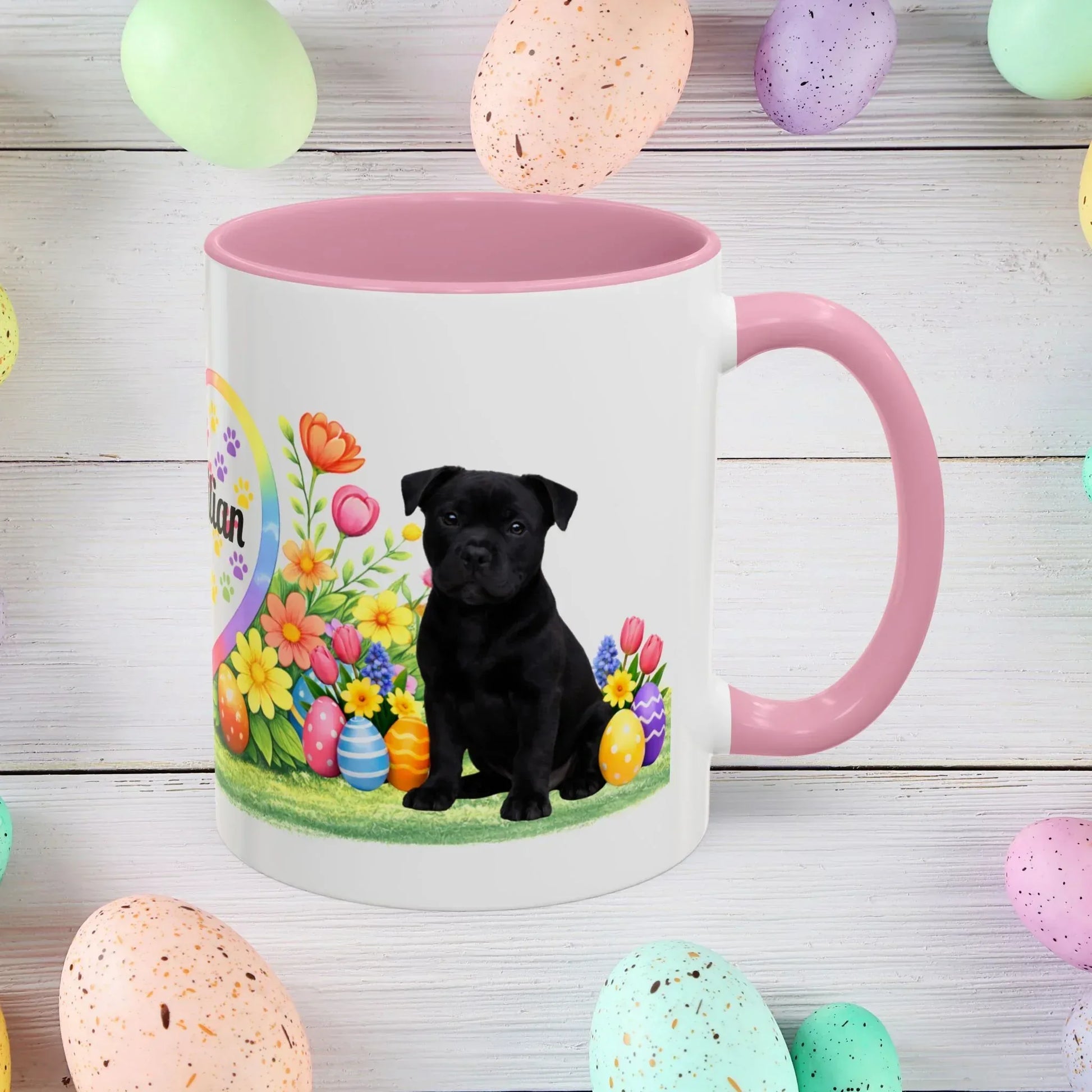 Shop our pitbull black puppy easter mug featuring the 11oz style option from MySisterIsASurvivor.