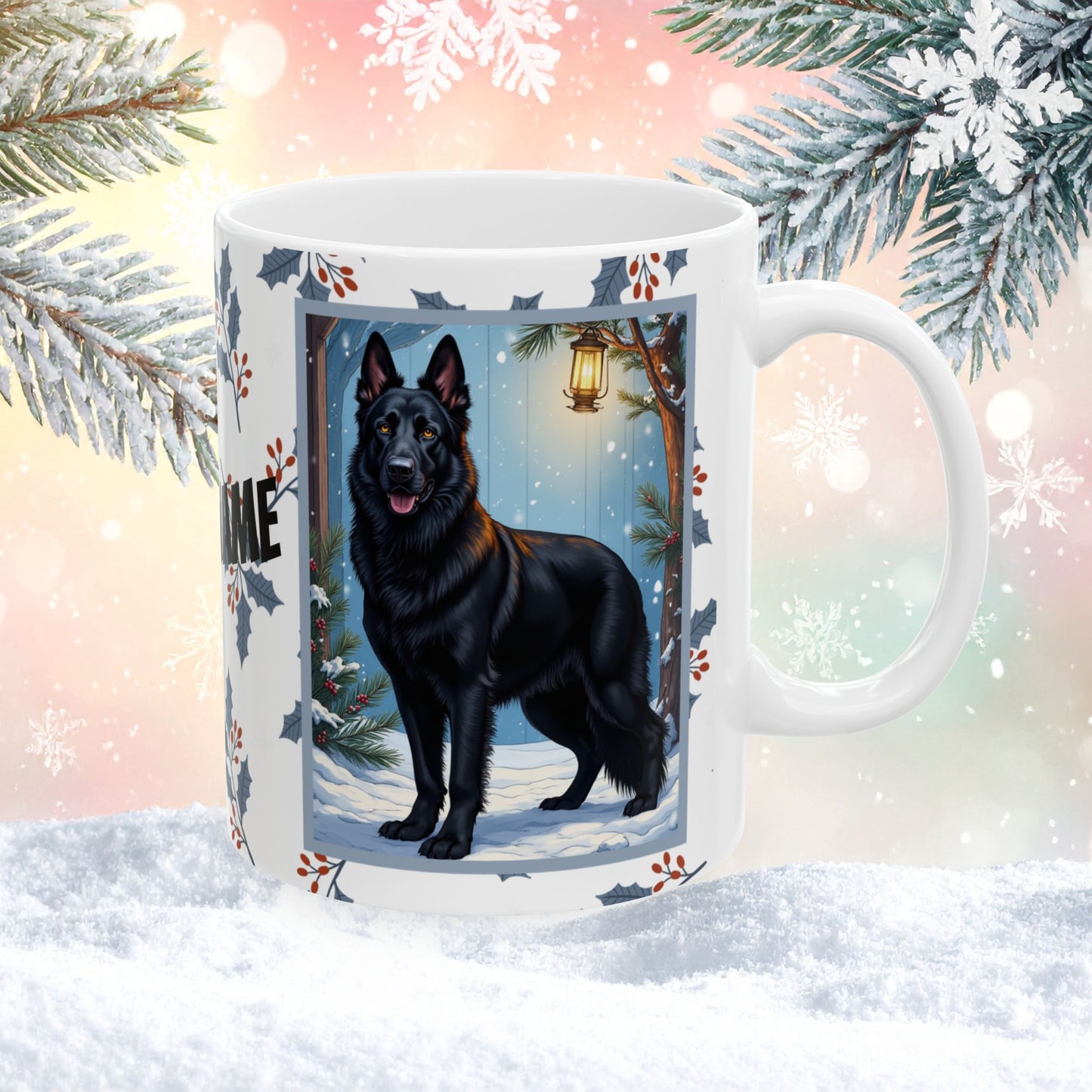 German Shepherd (Black) Winter Mug - black German Shepherd illustrated standing alert in a winter setting with snowy landscape