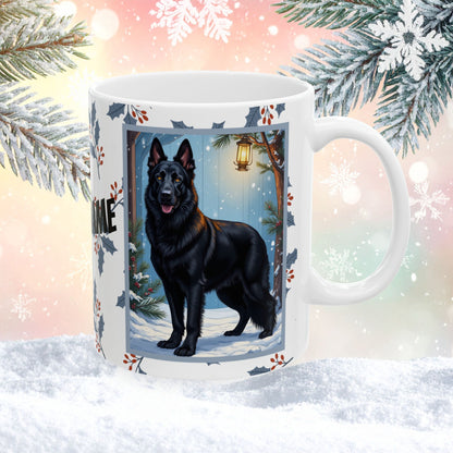 German Shepherd (Black) Winter Mug - black German Shepherd illustrated standing alert in a winter setting with snowy landscape