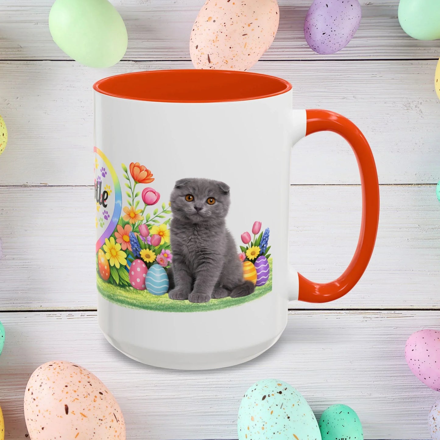 Shop our scottish fold kitten easter mug featuring the 15oz style option from MySisterIsASurvivor.