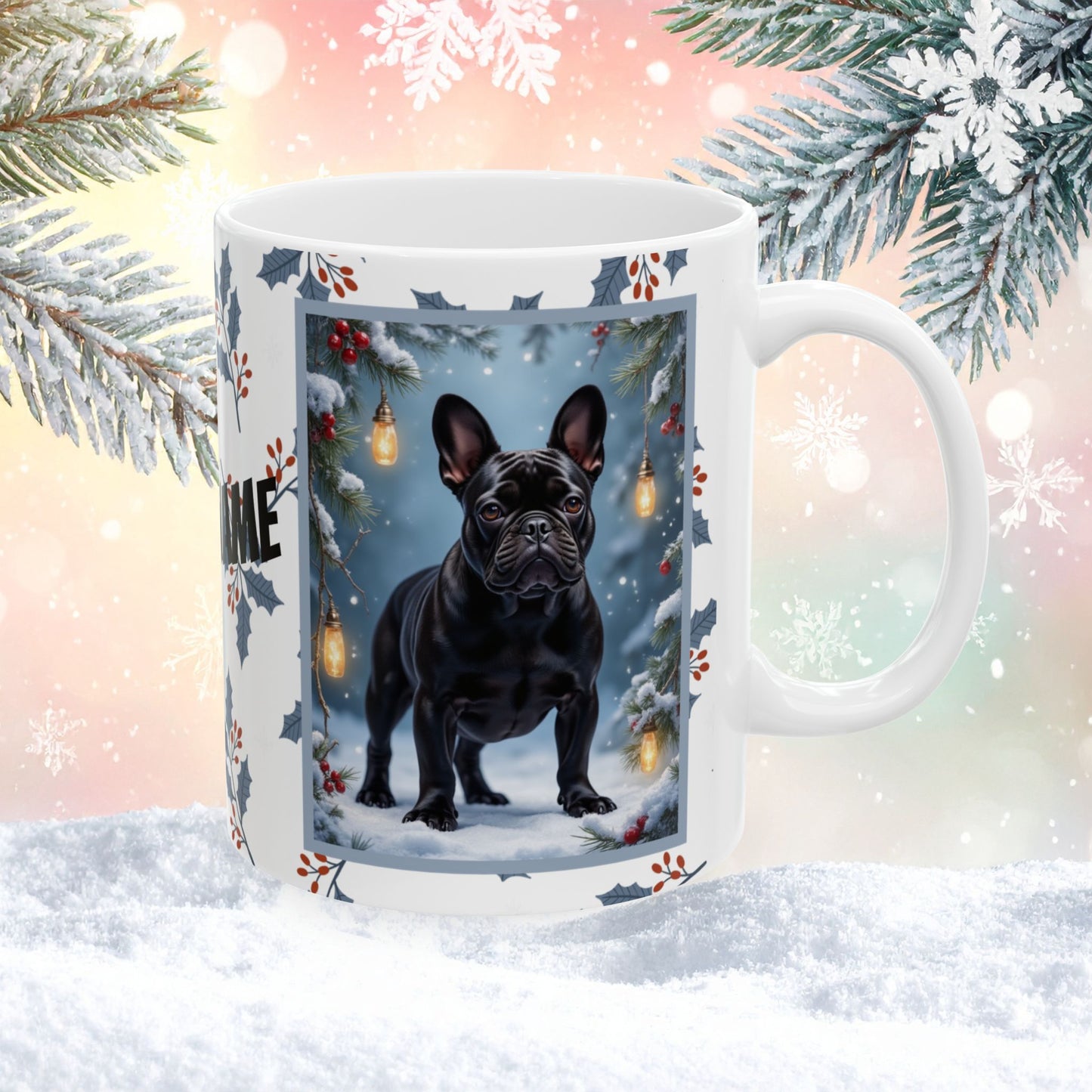 French Bulldog (Black) Winter Mug - black French Bulldog illustrated standing in a cozy winter scene with snow and pine accents