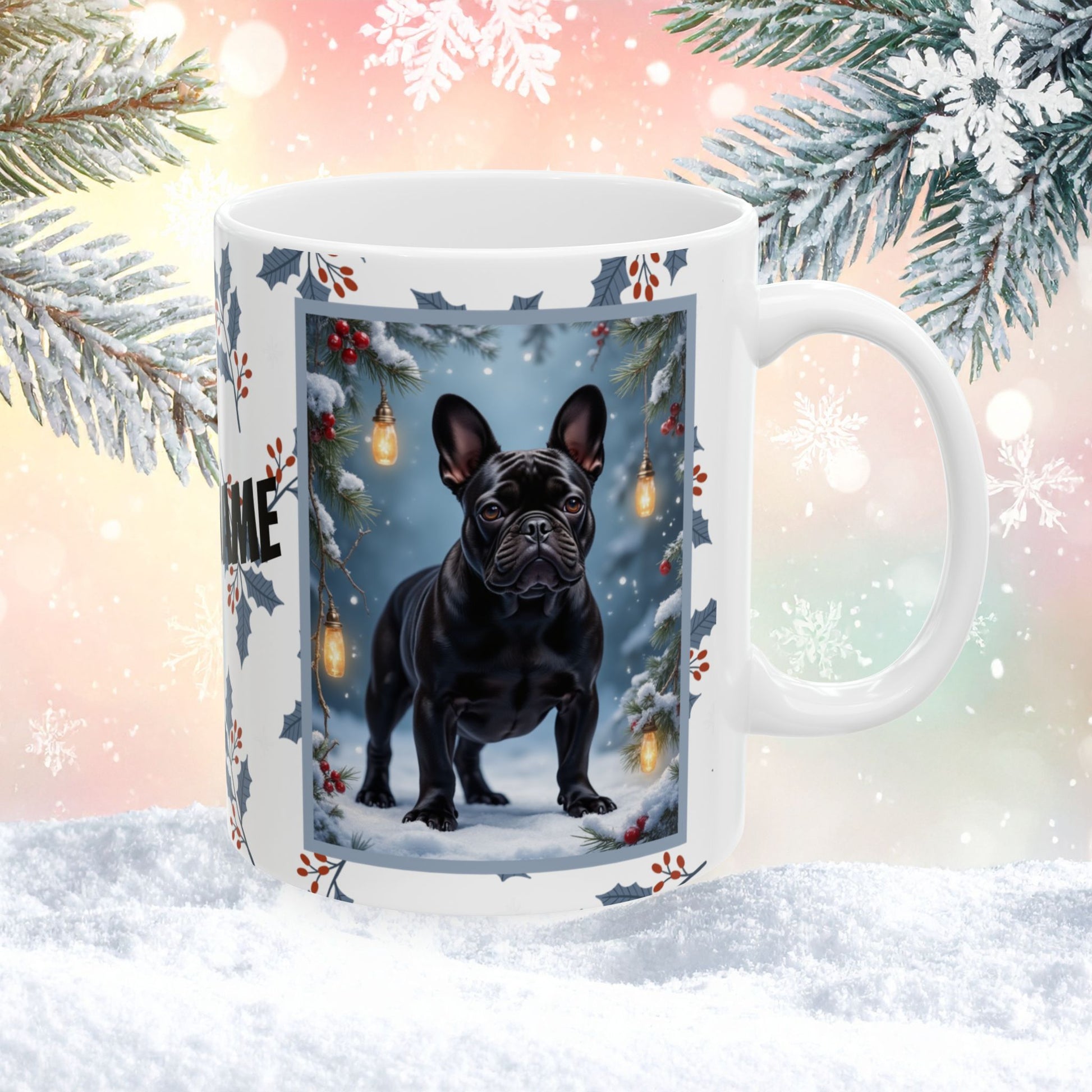 French Bulldog (Black) Winter Mug - black French Bulldog illustrated standing in a cozy winter scene with snow and pine accents