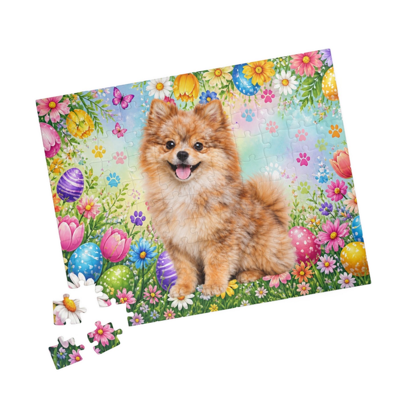 Pomeranian (Orange Merle) Easter Puppy Puzzle - Spring Garden with Eggs, Tulips, and Daisies