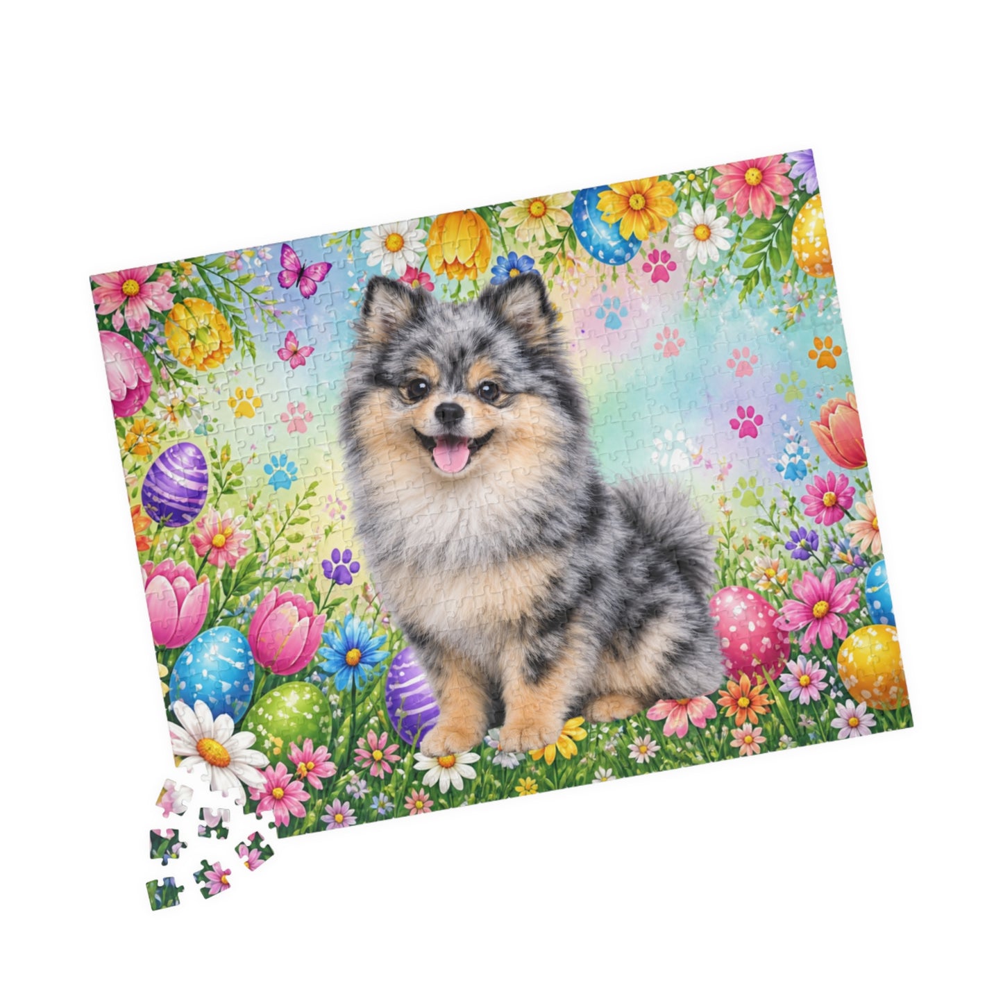 Pomeranian (Blue Merle) Easter Puppy Puzzle - Spring Garden with Eggs, Tulips, and Daisies