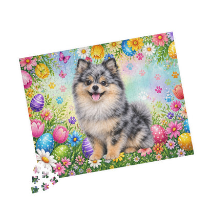 Pomeranian (Blue Merle) Easter Puppy Puzzle - Spring Garden with Eggs, Tulips, and Daisies
