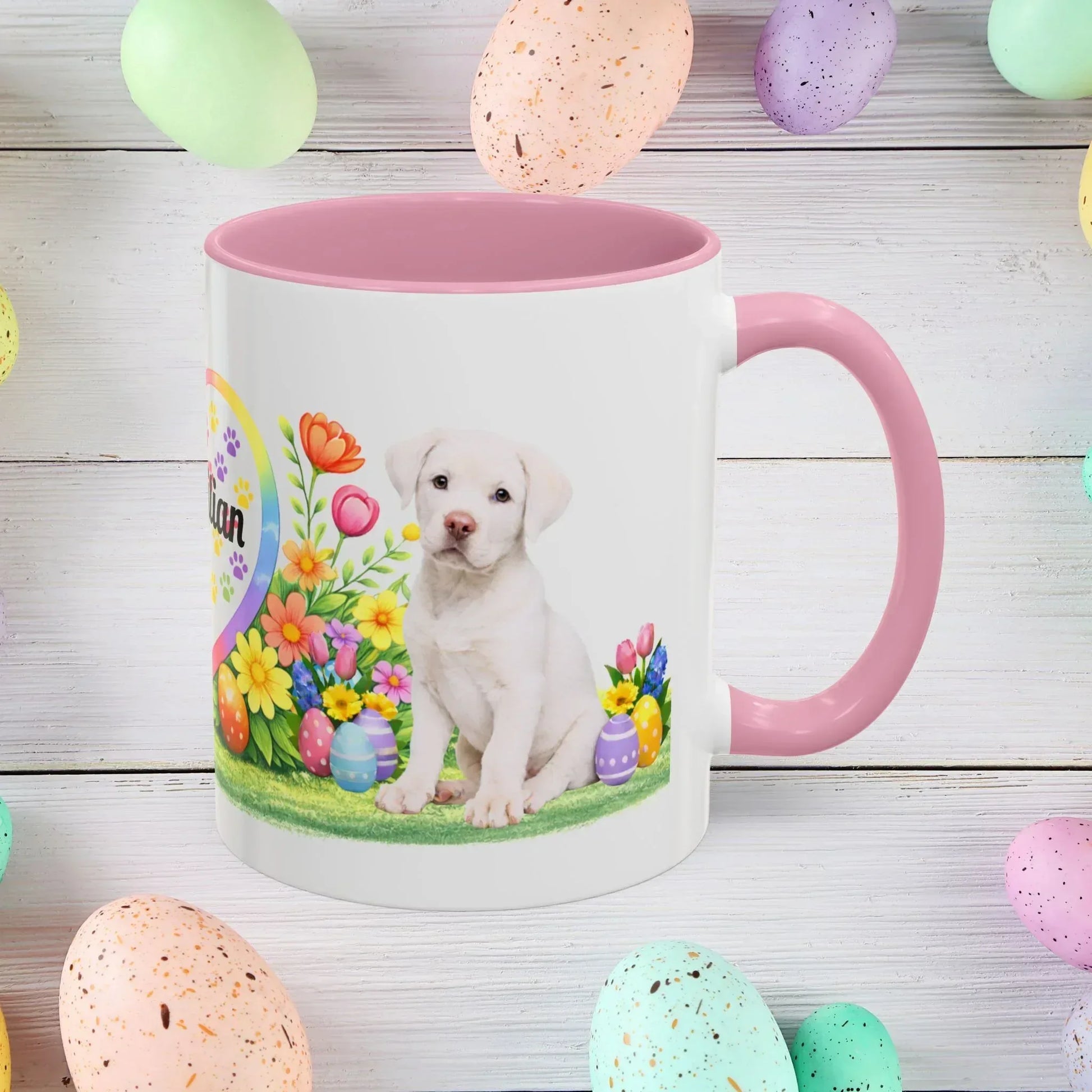 Shop our rottweiler white puppy easter mug featuring the 11oz style option from MySisterIsASurvivor.