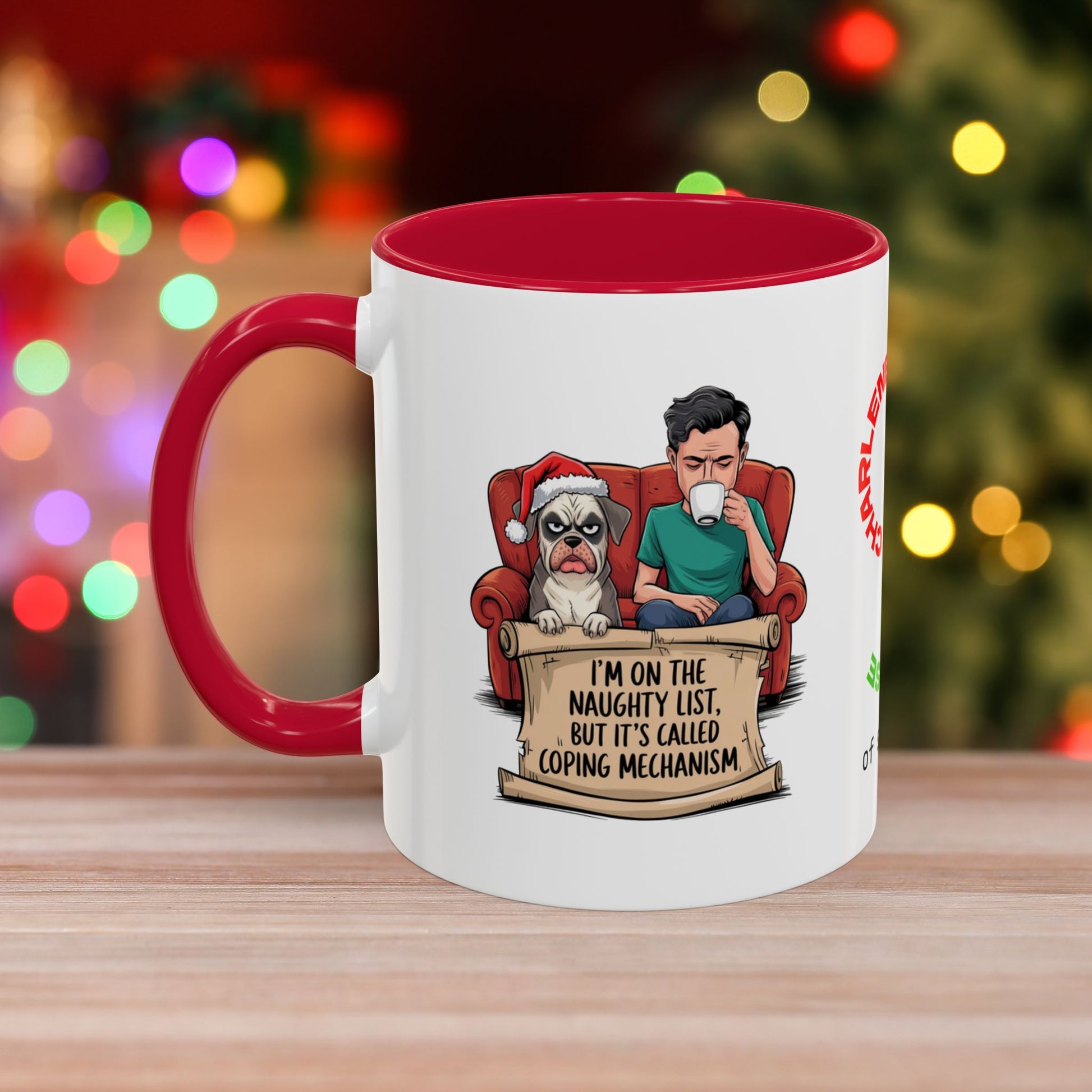I'm On The Naughty List, But It's Called 'Coping Mechanism' – Christmas Mug with Male and Dog Design and Accent Color