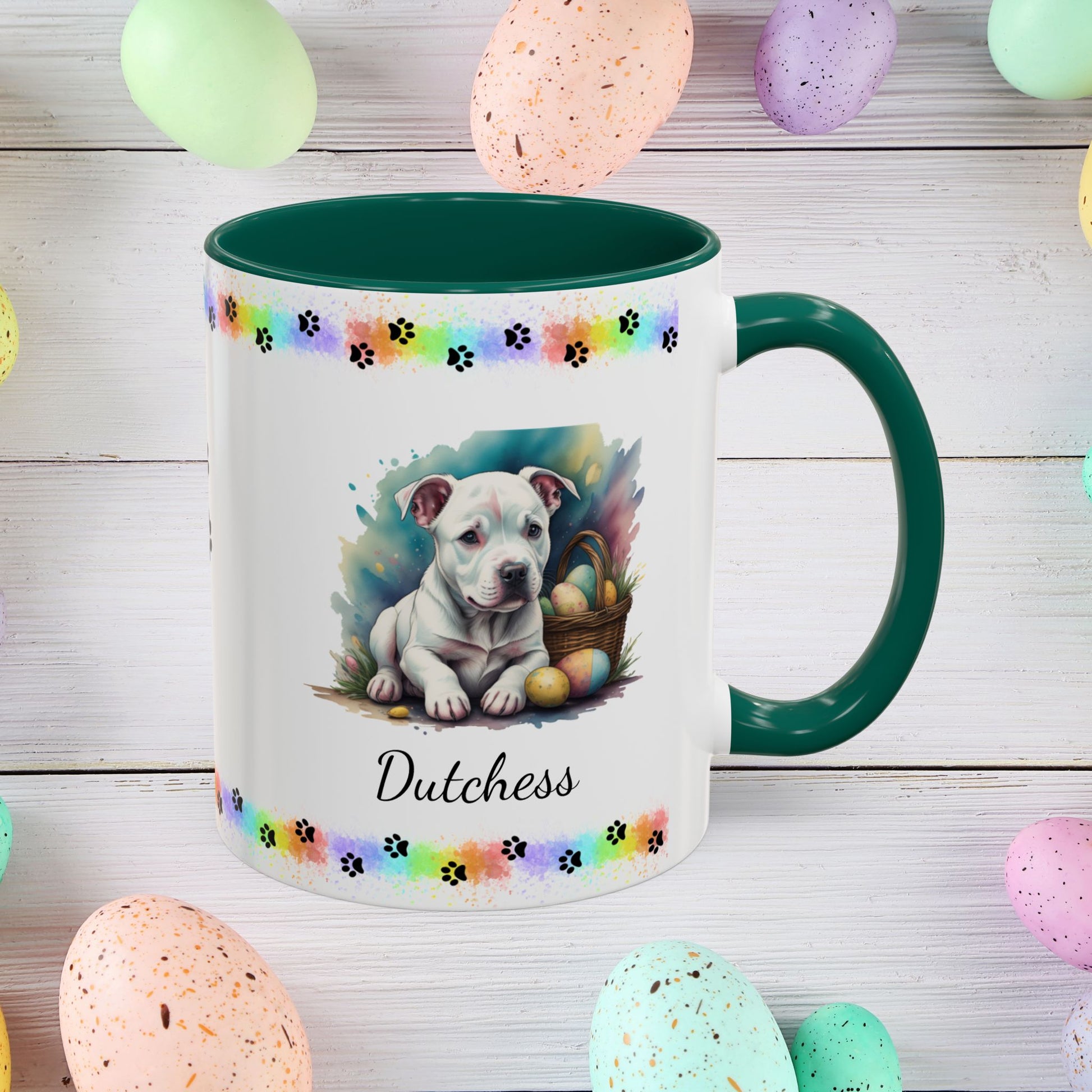Pitbull (White): Personalized Easter Puppy Coffee Mug - Adorable Dog Design, Mental Health Gift, 11oz & 15oz, 12 Color Choices, Easter Gifts & Décor