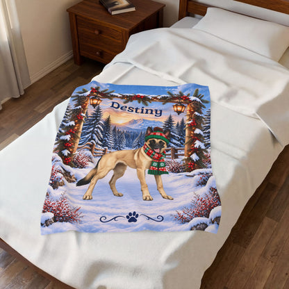 Belgian Malinois (Fawn Coat) - Custom Name Plush Blanket, Personalized Snowy Woodland Dog Mom Gift