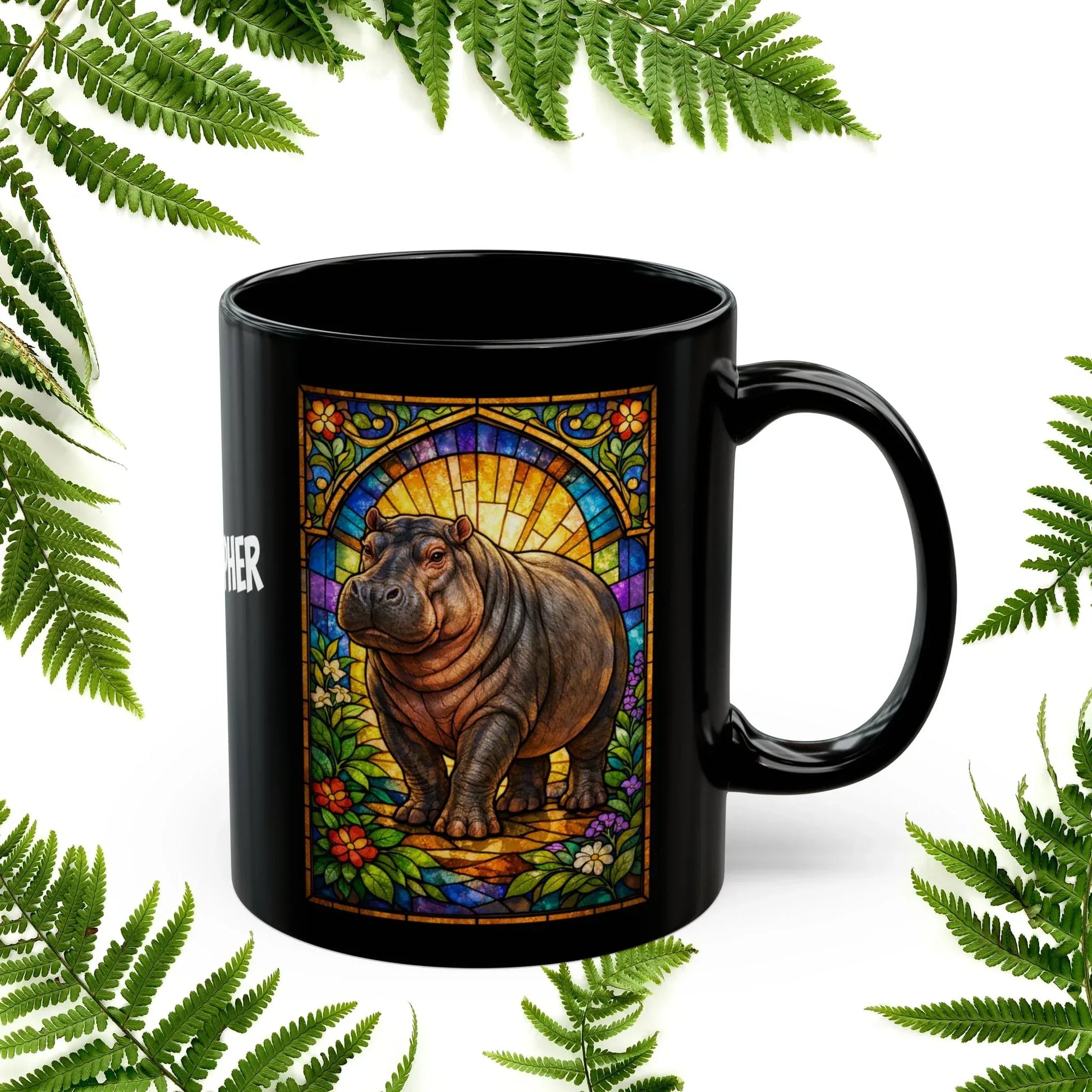 Shop our premium hippopotamus stained glass style black mug from MySisterIsASurvivor.