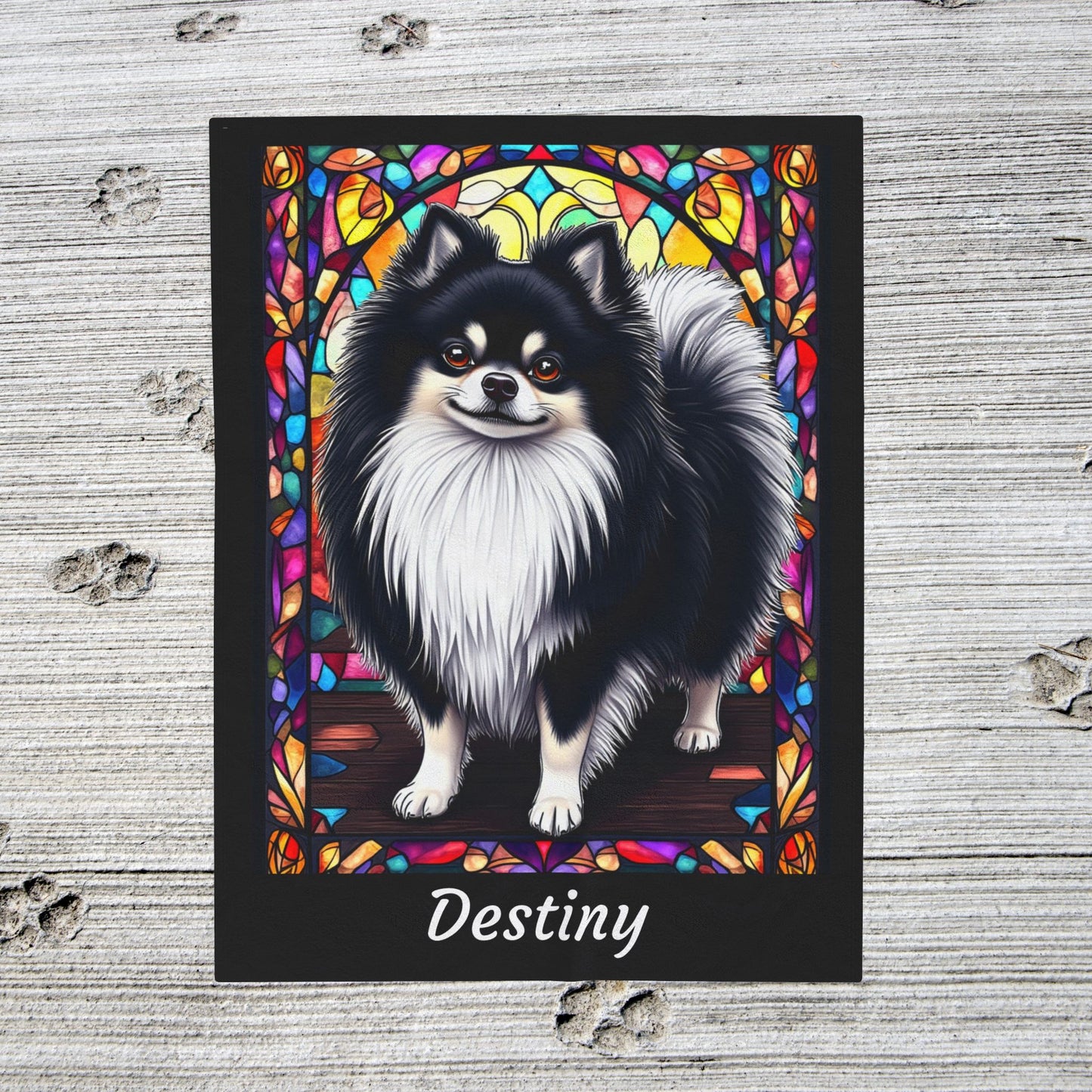Pomeranian Black & White Coat Blanket, Velveteen Plush Stained Glass Dog Throw, Pet Lover Gift